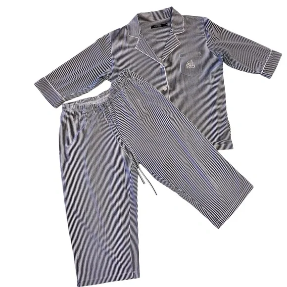 Lauren Ralph Lauren Heritage Navy & White Striped Capri PJ Set Large - Picture 4 of 7